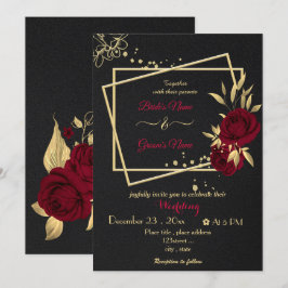 Invitación boda negro geométrico de las flores burdeos