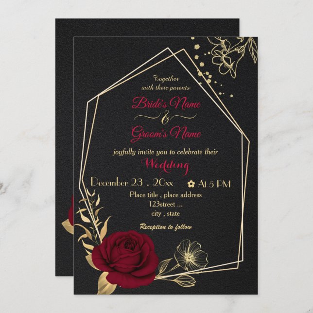 Invitación boda negro geométrico de las flores burdeos (Anverso / Reverso)