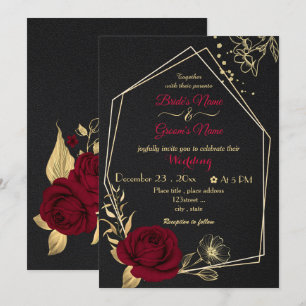 Invitación boda negro geométrico de las flores burdeos