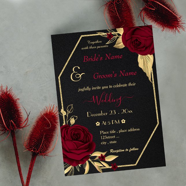 Invitación boda negro geométrico de las flores burdeos (Subido por el creador)