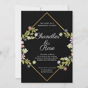 Invitación Boda negro geométrico de oro floral Minimalista