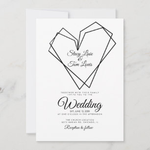 Invitación Boda negro geométrico moderno de doble corazón