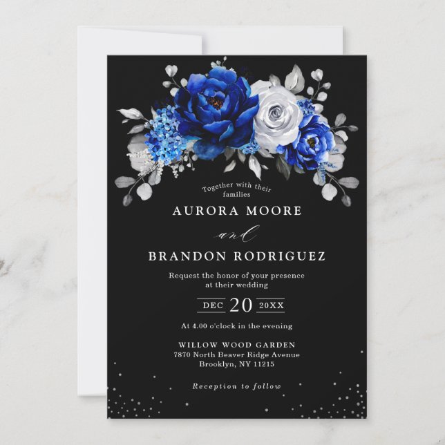 Invitación Boda negro metálico de plata blanca azul real (Anverso)