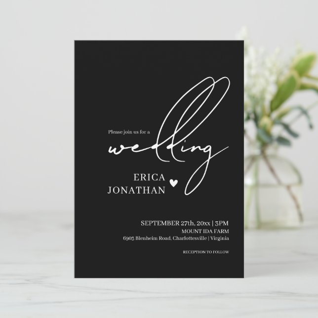 Invitación Boda negro moderno con letras blancas (Anverso de pie)
