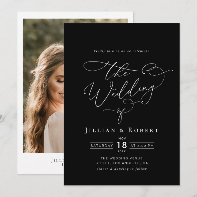Invitación boda negro moderno de escritura elegante y blanca (Anverso / Reverso)