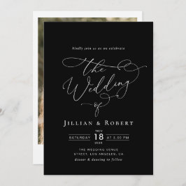 Invitación boda negro moderno de escritura elegante y blanca