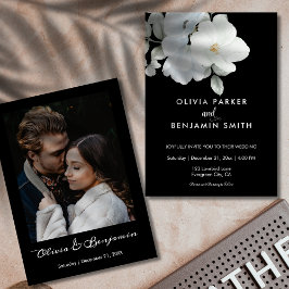 Invitación Boda negro moderno de foto floral elegante blanca
