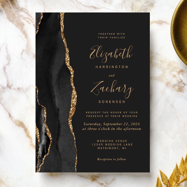 Invitación Boda negro moderno de la agata del oro oscuro (The perfect choice for a black and gold themed wedding.)
