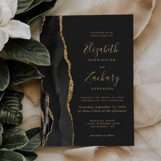 Invitación Boda negro moderno de la agata del oro oscuro (Subido por el creador)