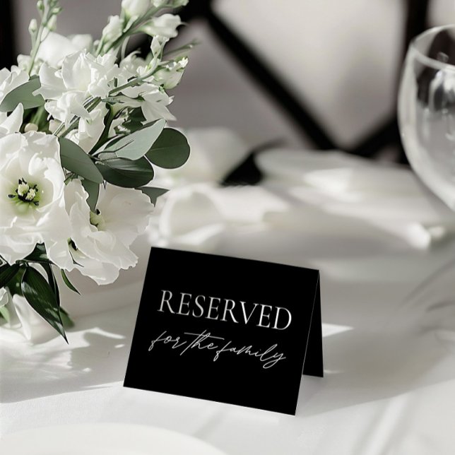 Invitación Boda negro moderno Rótulo de carpas de mesa reserv (Modern Black Wedding Reserved Table Tent Sign)