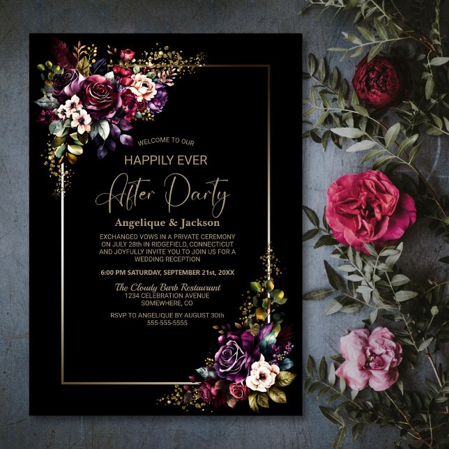 Invitación Boda negro morado con flores de borgoña tras Fiest (Subido por el creador)