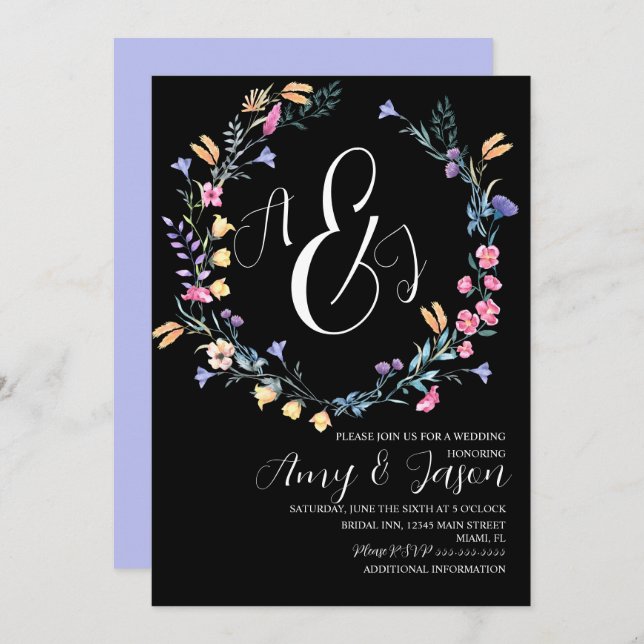 Invitación Boda negro morado de flor salvaje de primavera (Anverso / Reverso)