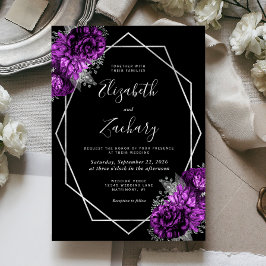 Invitación Boda negro morado plateado floral de ciruela morad