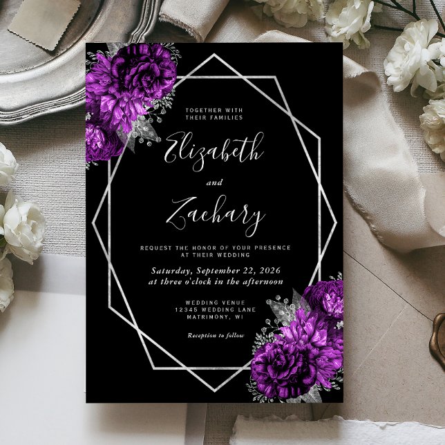 Invitación Boda negro morado plateado floral de ciruela morad (Subido por el creador)