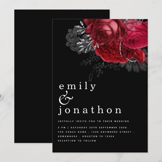 Invitación Boda negro plateado de los florines rojos (Anverso / Reverso)