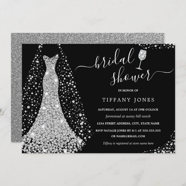 Invitación Boda negro plateado vestido esparkle ducha de novi (Anverso / Reverso)