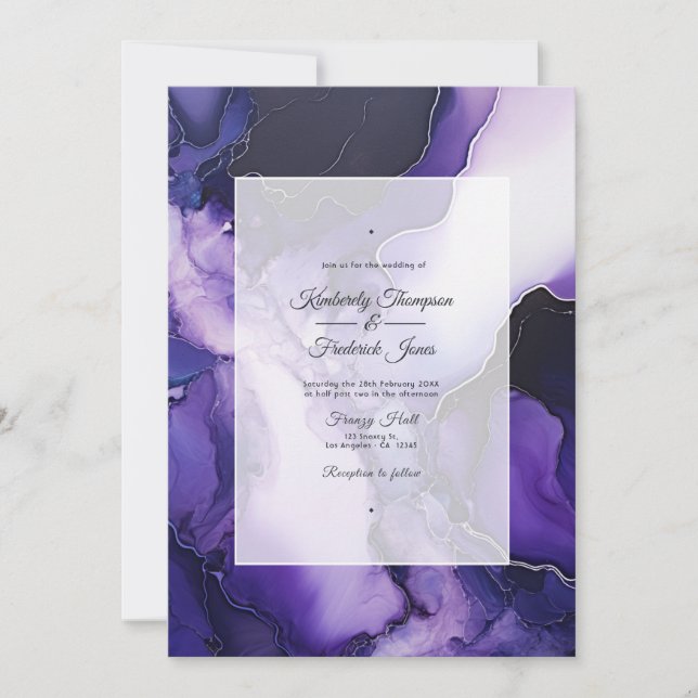 Invitación Boda negro, plateado y morado oscuro de tinta de a (Anverso)