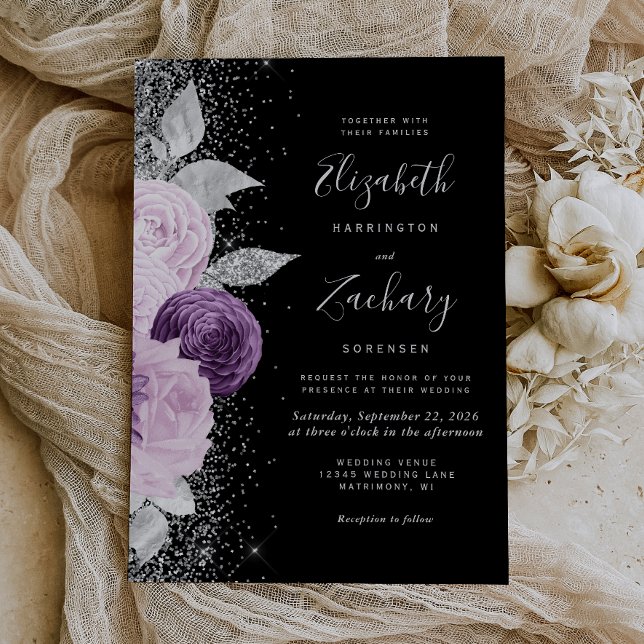Invitación Boda negro Purpurina Floral Purple Silver (An elegant choice for a wedding with a purple, silver and black color palette.)