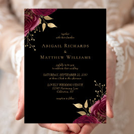 Invitación Boda negro romántico de oro de borgoña