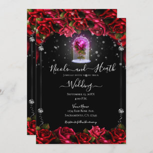 Invitación Boda negro rosa rosa rojo brillante mágico