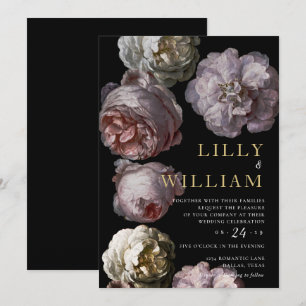 Invitación Boda negro rosado romántico floral negro morado