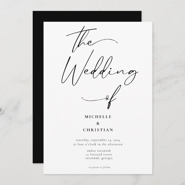 Invitación Boda negro sólido caligrafía moderna (Anverso / Reverso)