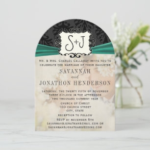 Invitación Boda negro verde esmeralda vintage