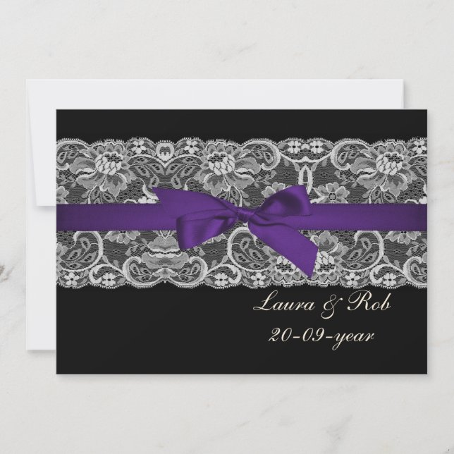Invitación Boda negro violeta de la cinta de encaje falso Gra (Anverso)