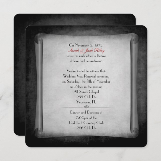 Invitación Boda negro vow Renewal Scroll (Anverso / Reverso)