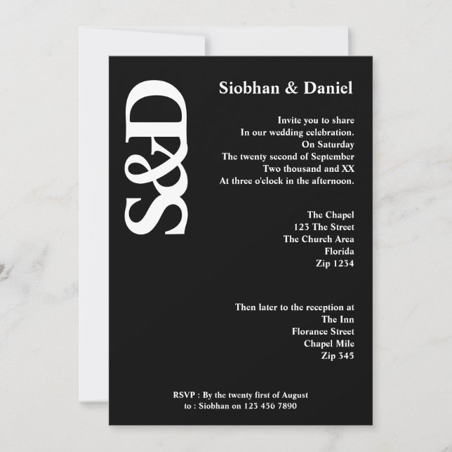 Invitación Boda negro y blanco negrita monograma (Anverso)