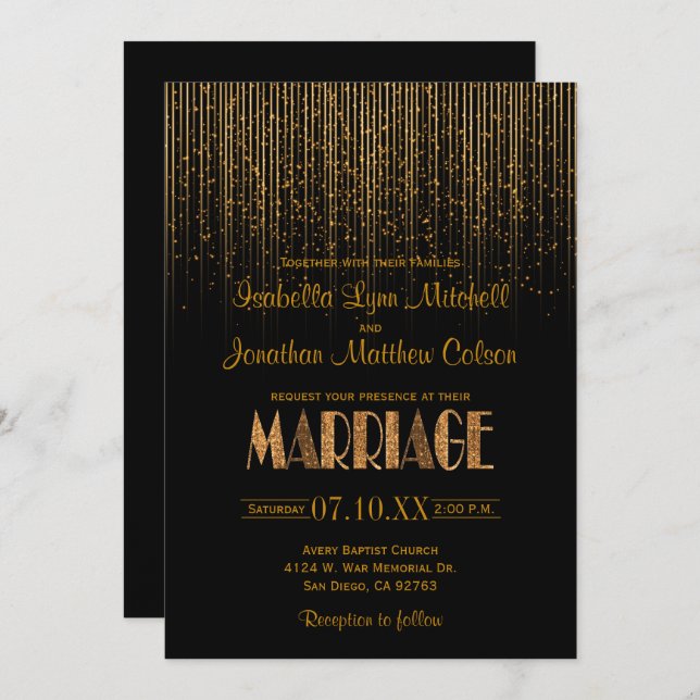 Invitación Boda negro y ducha con estrella de cobre de oro (Anverso / Reverso)