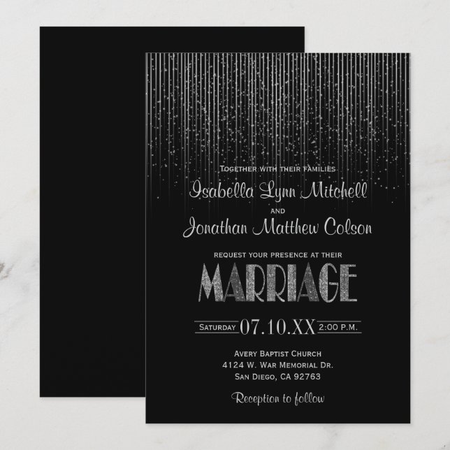Invitación Boda negro y ducha de lluvia con estrella plateada (Anverso / Reverso)