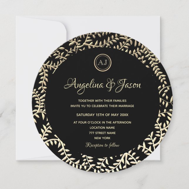 Invitación Boda negro y oro de lujo (Anverso)