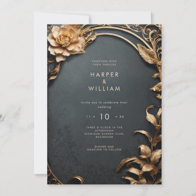 Invitación Boda negro y oro encantado (Anverso)