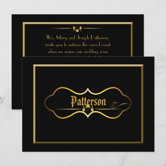 Invitación Boda negro y oro promete renovación (Anverso / Reverso)