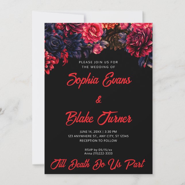 Invitación Boda negro y rojo gótico floral oscuro (Anverso)
