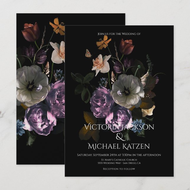 Invitación Boda Neoclásico Floral Moonlight Dark & Moody (Anverso / Reverso)
