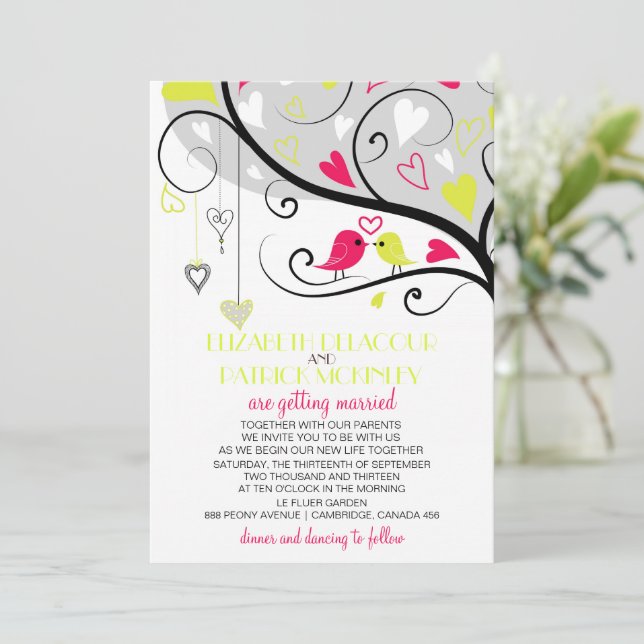 Invitación Boda Neon Red and Yellow Whimsical Lovebirds (Anverso de pie)