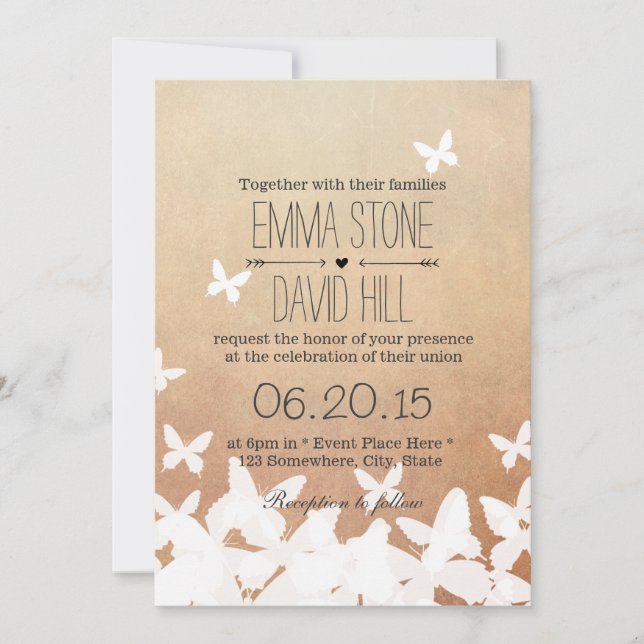 Invitación Boda neutral de mariposas voladoras elegantes (Anverso)