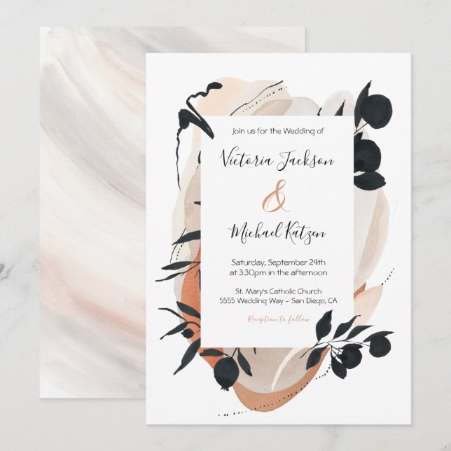 Invitación Boda neutral de tinta y acuarela asiática moderna (Anverso / Reverso)
