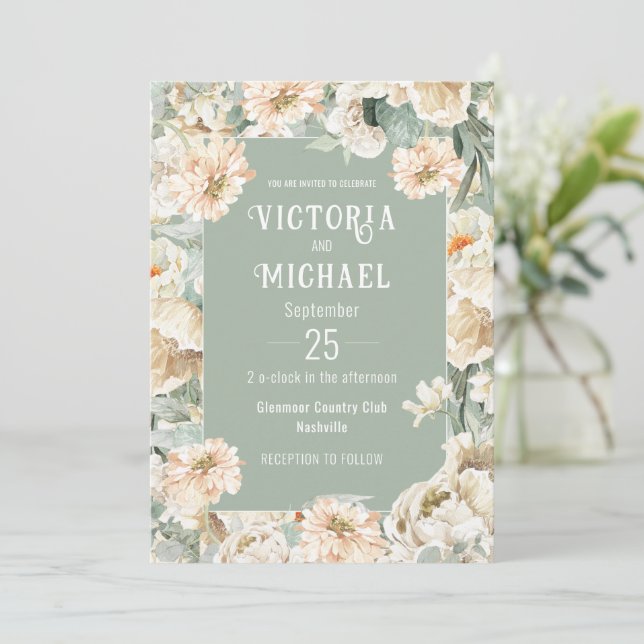 Invitación Boda Neutral Floral Sage Green Elegante (Anverso de pie)