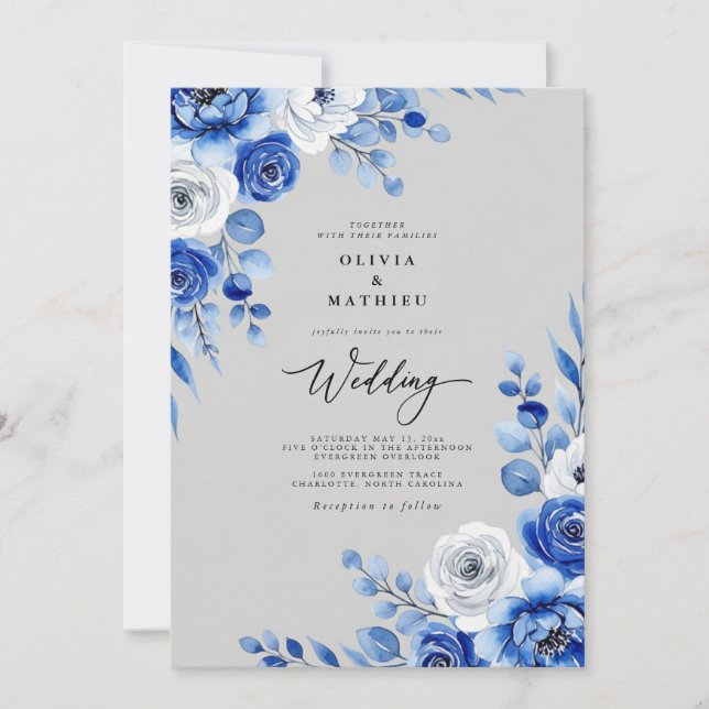 Invitación Boda nevada con acuarela azul real (Anverso)