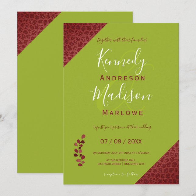 Invitación Boda no binario geométrico de cuero rojo (Anverso / Reverso)