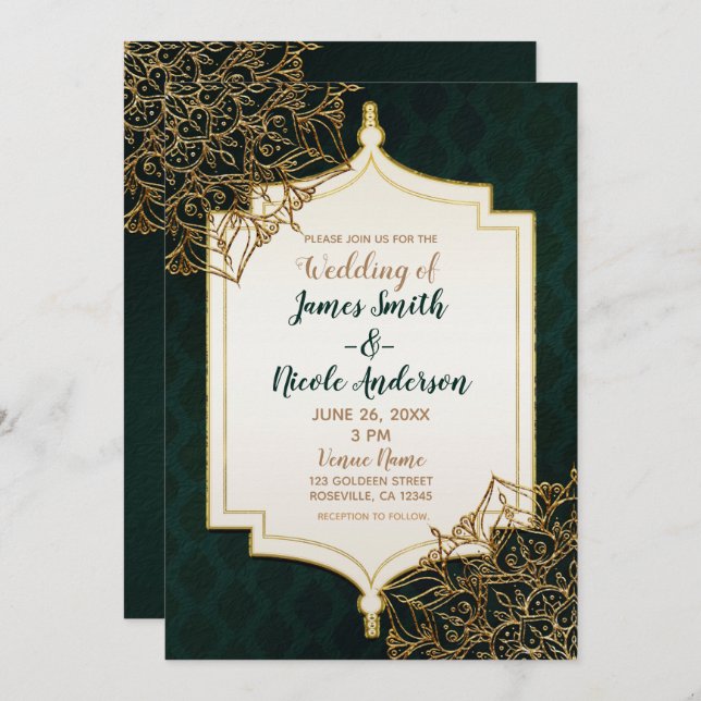Invitación Boda Noches Moriscas Árabes Verdes y Doradas (Anverso / Reverso)