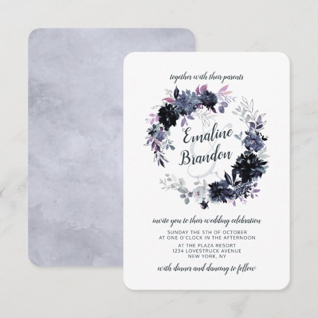 Invitación Boda Noctural Floral Dusty Blue Wreath (Anverso / Reverso)
