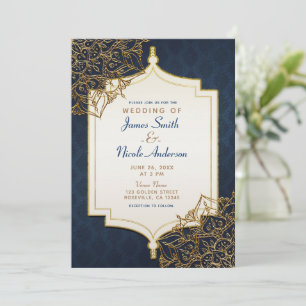 Invitación Boda nocturna árabe marroquí de azul marino y dora