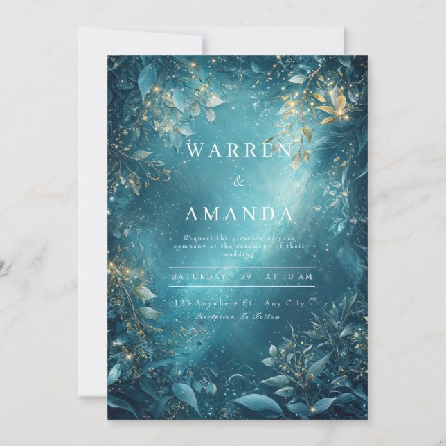 Invitación Boda Nocturna Botánica Celeste Teal Dorado (Anverso)