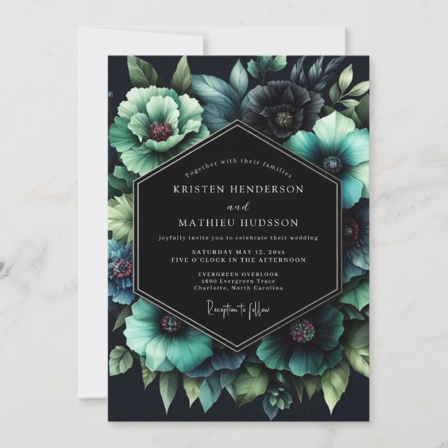 Invitación Boda Nocturna Botánica Verde Azulada (Anverso)