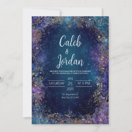Invitación Boda Nocturna Celestial con Caligrafía Dorada