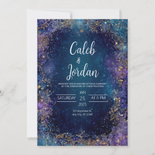 Invitación Boda Nocturna Celestial con Caligrafía Dorada